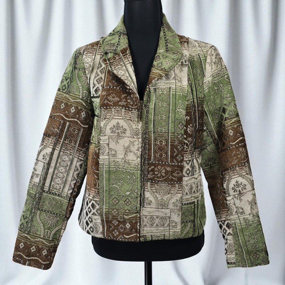 Dress Barn Petite Tapestry Jacket Blazer‎ Woman PS Patchwork Green Brown Beige